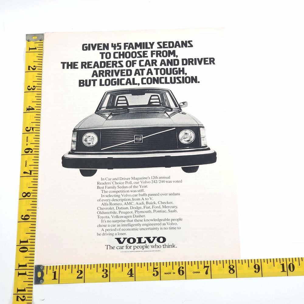 1975 Volvo 242/244 Family‎ Sedan 8" x 11" Print Ad Road Test Magazine